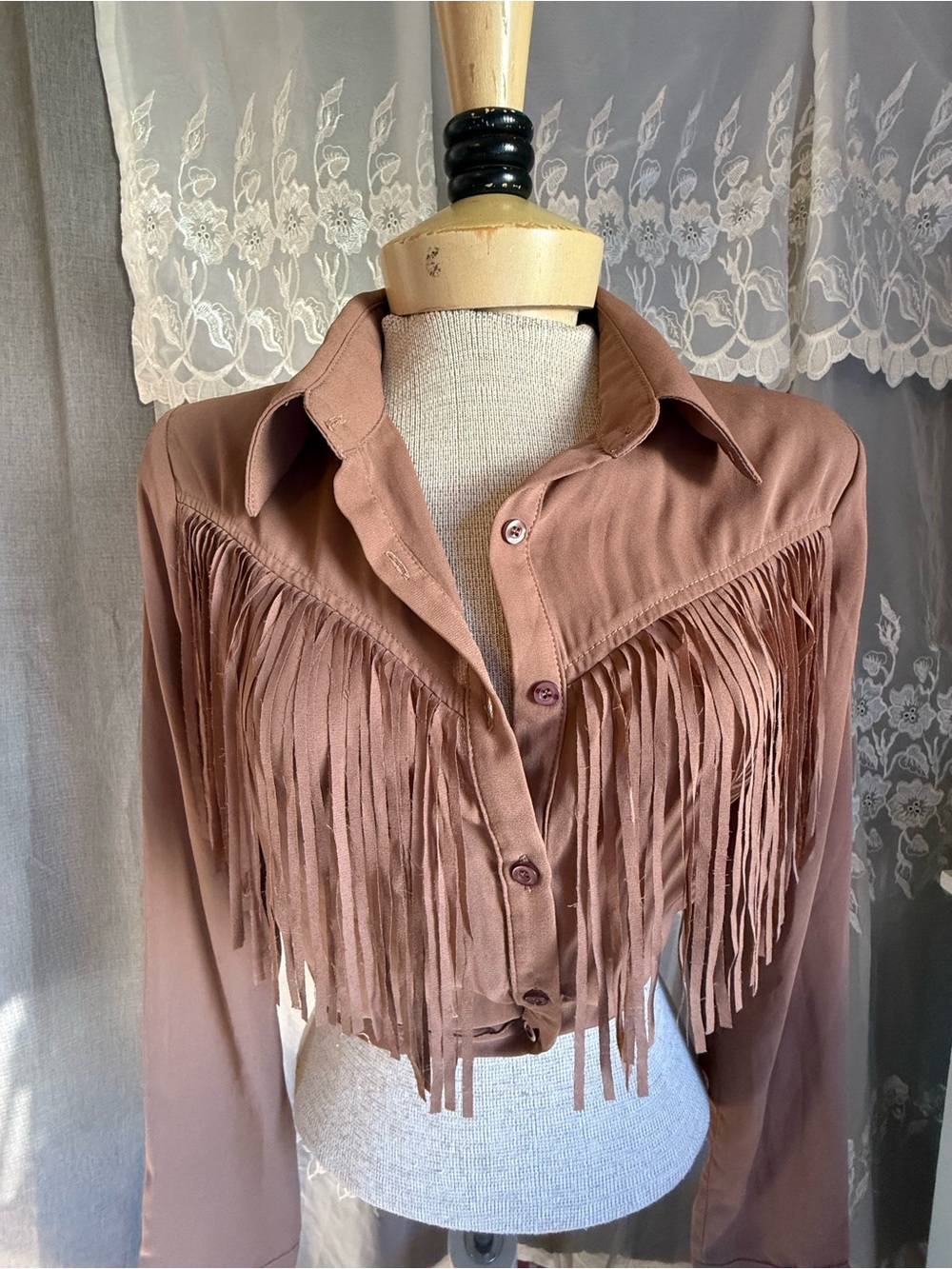 Vintage  Fringe Button-Down Light weight top with open hole back- brown